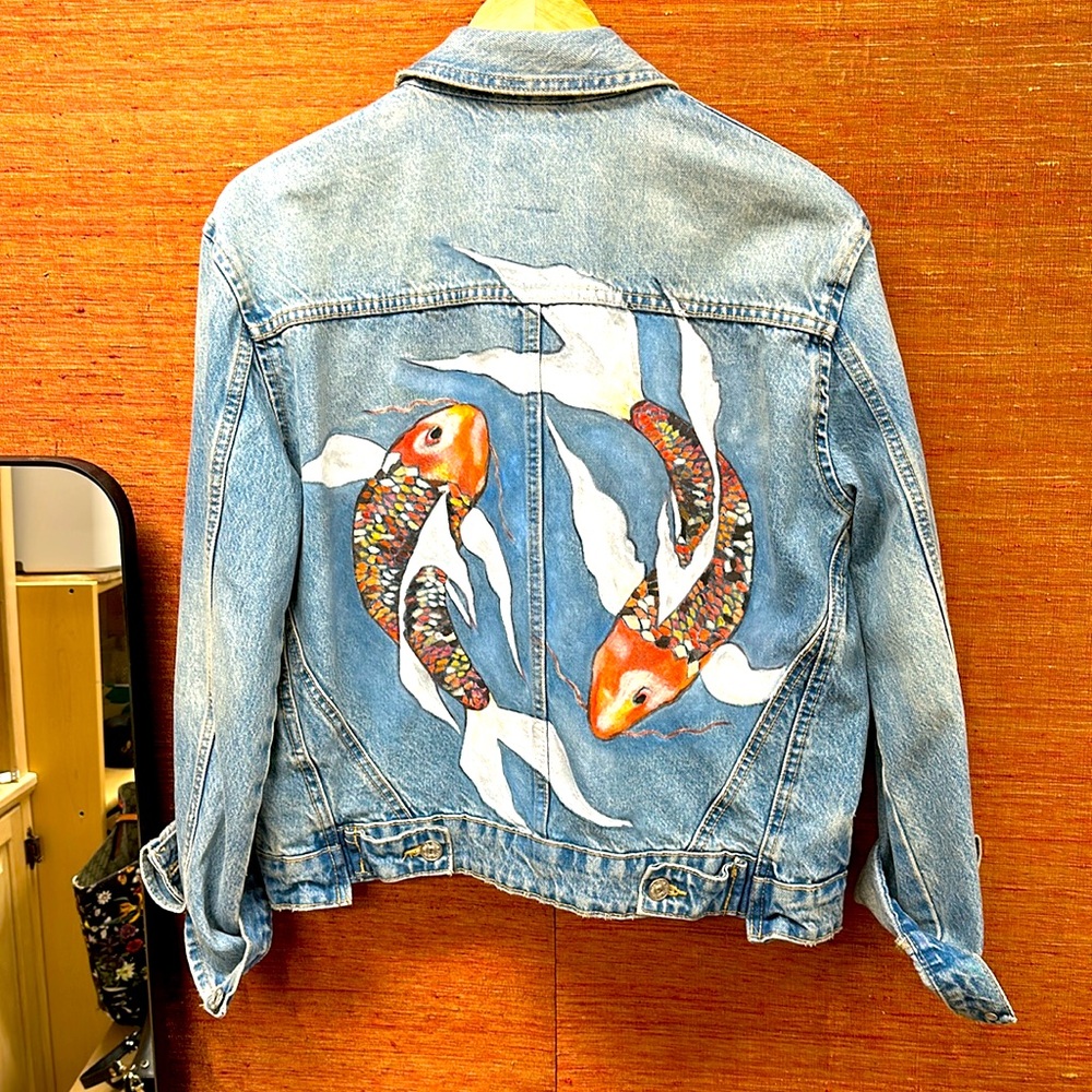 “Japanese koi fish“Hand painted denim Zara jacket. New